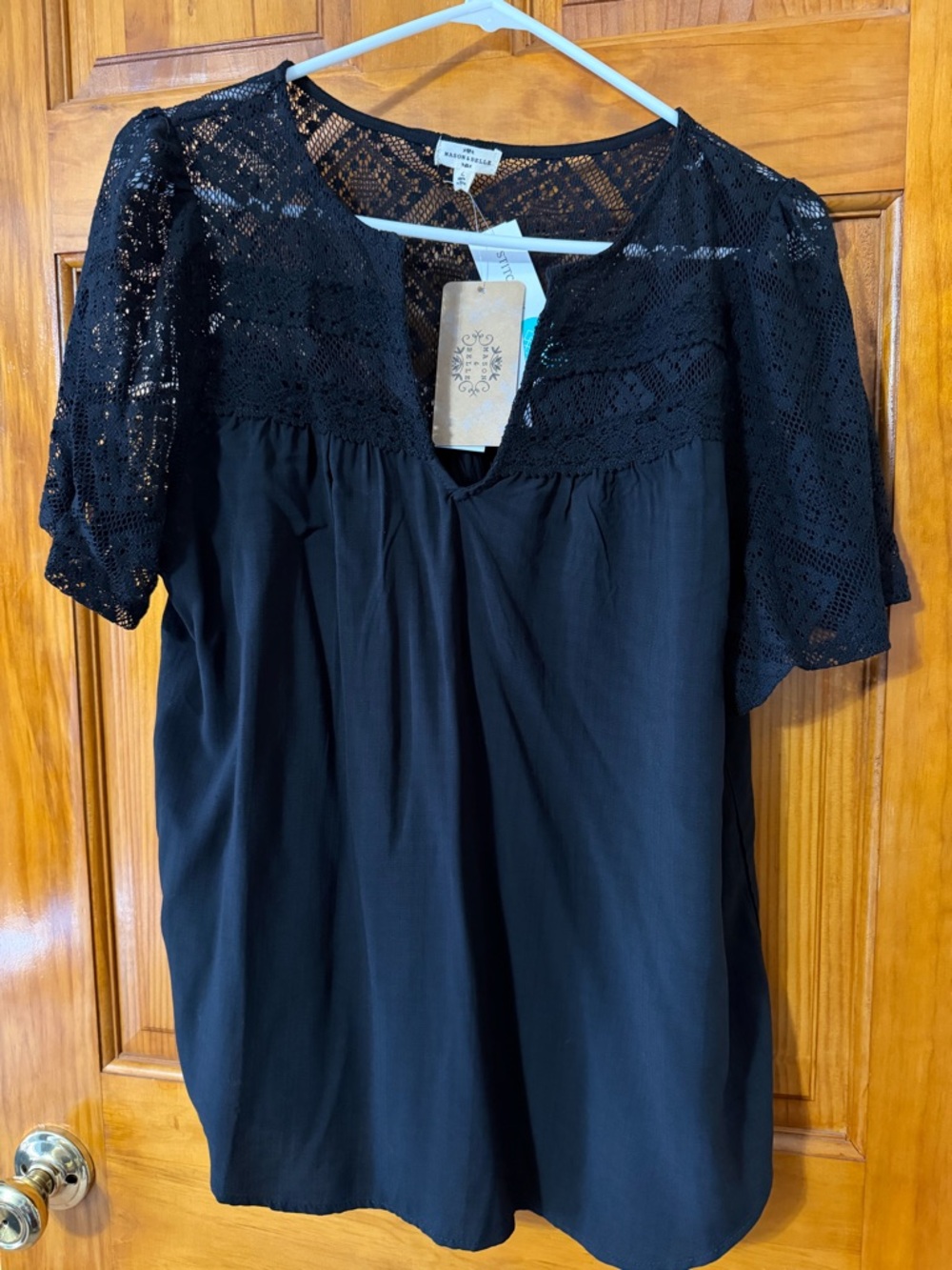 Black Crochet Yoke Blouse with Short Sleeves